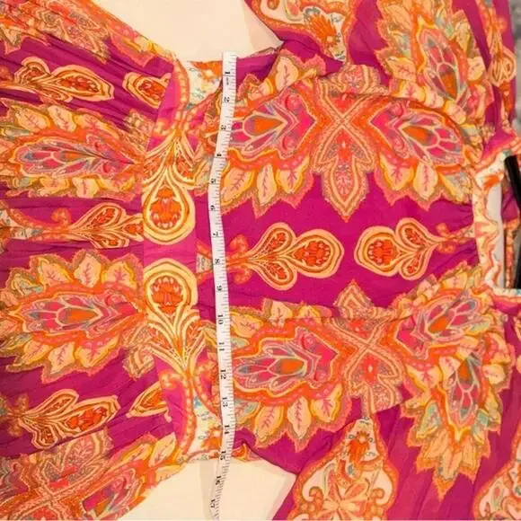 NWT High Neck Pink and Orange Paisley Pleated Open Back Maxi Dress Size XL